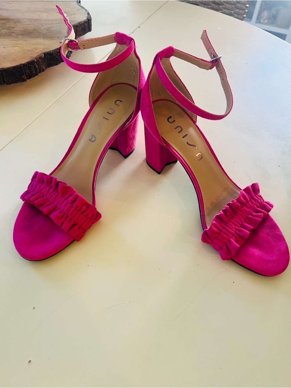 Unisa Hot Pink Ruffle Ankle Strap Block Heels